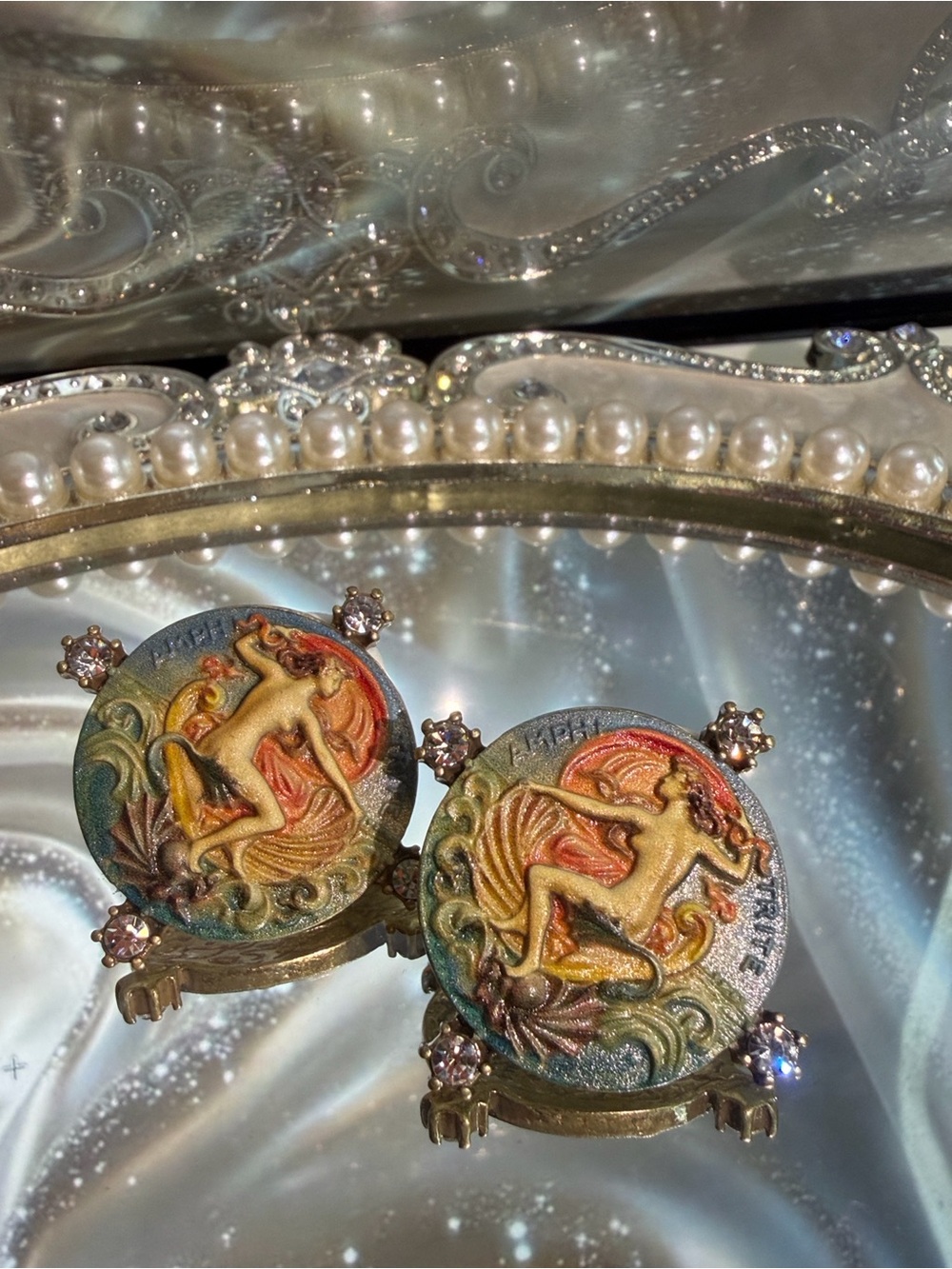 Vintage Art Nouveau Goddess Cameo Earrings Enamel Rhinestone Statement